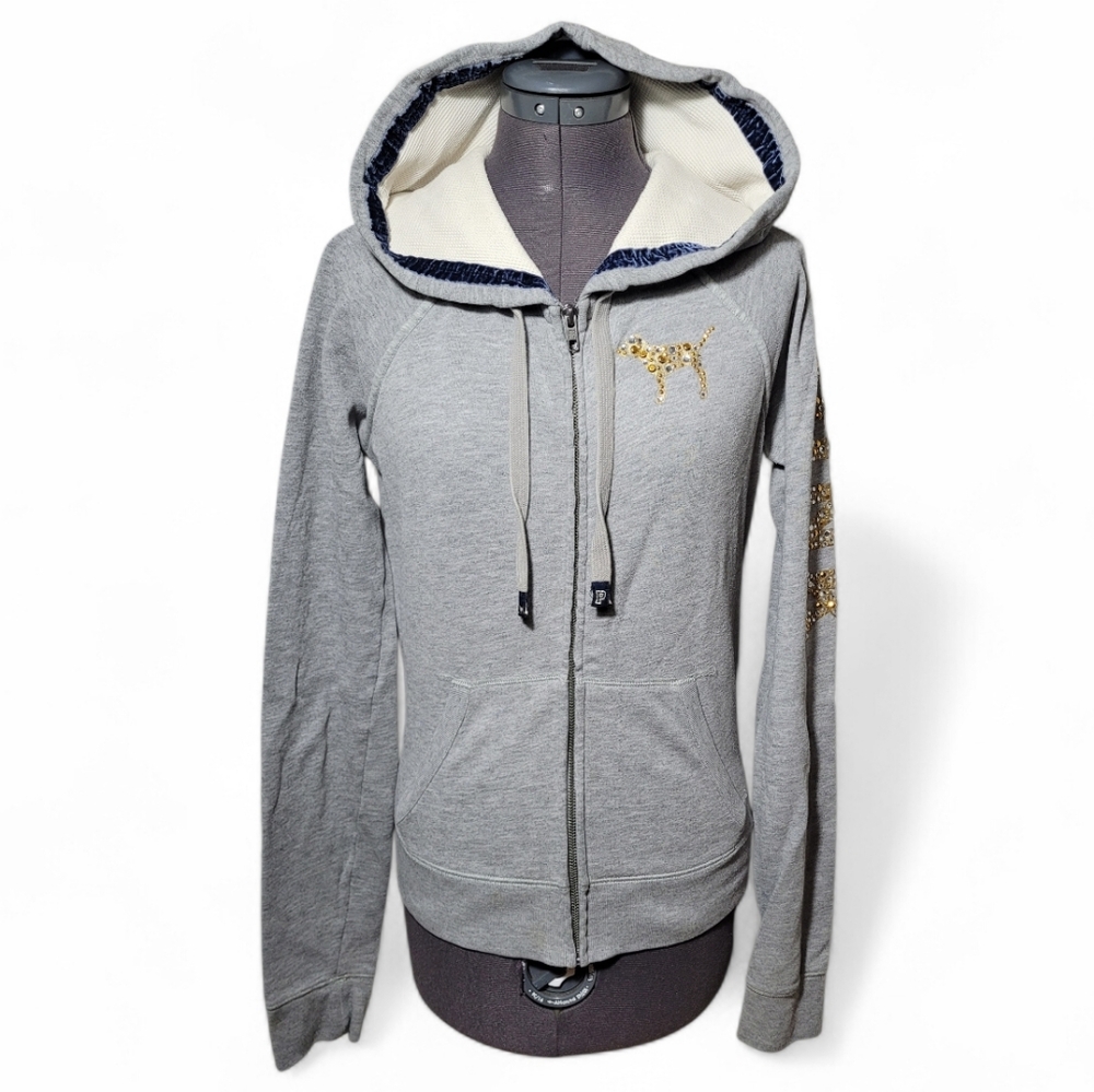 PINK Y2K Victoria's Secret Grey Hoodie Gold Dog Peace Sign